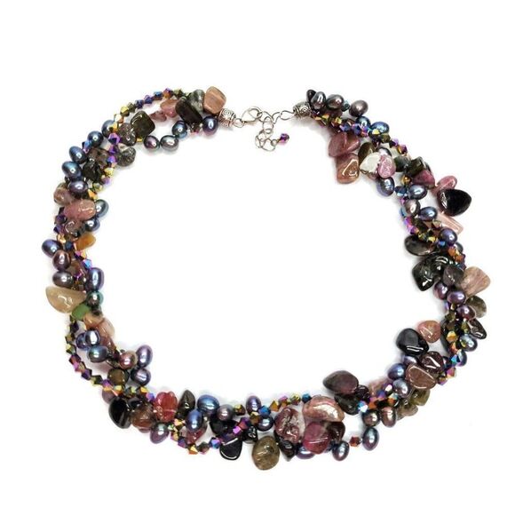 Multi Strand Bead Necklace Aurora Crystal Peacock Pearl Pink Black Stone Nuggets - Picture 1 of 4